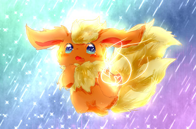 abstract_background ambiguous_gender blue_eyes chibi colorful_background feral fur kemono light open_mouth orange_body orange_fur semi-anthro solo star yellow_body yellow_fur deaic nintendo pokemon eeveelution flareon generation_1_pokemon pokemon_(species) 2017 colorful_theme hi_res lighting shaded