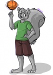 4_toes 5_fingers anthro ball_on_finger barefoot biped black_nose bottomwear buckteeth clothed clothing feet fingers fully_clothed fur gesture grey_body grey_fur grey_hair hair hand_gesture hand_on_hip looking_at_viewer male motion_blur raised_finger raised_index_finger raised_tail shirt short_hair shorts simple_background smile solo standing t-shirt tail teeth toes toony topwear white_background pupspace mammal rodent sciurid tree_squirrel