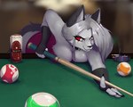 alcohol anthro beer beverage beverage_can big_breasts billiard_table breasts cigarette cleavage clothed clothing cue_stick female furniture pupils red_sclera slit_pupils solo table dein-schatten helluva_boss mythology loona_(helluva_boss) canid canid_demon canine demon hellhound mammal mythological_canine mythological_creature hi_res