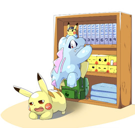3_toes ambiguous_gender anthro backpack blue_body book bookshelf dipstick_ears duo ear_markings feet furniture multicolored_ears open_mouth semi-anthro sharp_teeth teeth toes tongue yellow_body tatu_wani nintendo pokemon generation_1_pokemon generation_2_pokemon pikachu pokemon_(species) scalie totodile 2018 hi_res