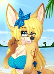 accessory anthro beach bikini bikini_top blonde_hair breasts butterfly_clip clothing eyewear facial_piercing female furgonomics furry-specific_piercing glasses hair hair_accessory hairclip lip_piercing looking_at_viewer muzzle_piercing nose_piercing piercing sea seaside smile solo swimwear two-piece_swimsuit water ei-ka kaiyonato canid canine fennec_fox fox mammal true_fox 2021 absurd_res hi_res