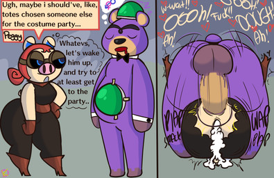 angry annoyed anthro balls big_balls big_butt big_penis bodily_fluids boots bottomwear butt clothing cosplay cum cum_in_ass cum_inside dominant dominant_male duo eyebrows female footwear from_front_position genital_fluids genitals gloves half-closed_eyes handwear high_heeled_boots high_heels huge_penis hyper hyper_genitalia hyper_penis male male/female mating_press narrowed_eyes pants penetration penis public public_sex questionable_consent sex shoes sleeping text thick_thighs tight_clothing torn_bottomwear torn_clothing torn_pants unibrow vaginal vaginal_penetration wide_hips klutzatdusk animal_crossing cartoon_network evil_con_carne instant_loss_2koma nintendo the_grim_adventures_of_billy_and_mandy boskov_the_bear dozer_(animal_crossing) major_dr._ghastly peggy_(animal_crossing) bear domestic_pig mammal suid suine sus_(pig) comic english_text hi_res