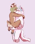 anthro antlers blush blush_stickers chest_tuft duo eyes_closed flaccid foreskin genitals green_hair hair hand_on_butt hands_behind_head holding_character horn hug humanoid_genitalia humanoid_penis kissing lifting long_penis male penis pink_background scut_tail short_tail simple_background smile standing tail tuft tohfu eros_(3r0s) canid canine canis deer mammal wolf hi_res