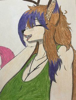 anthro antlers big_breasts black_nose breasts cleavage clothed clothing colored_nails crop_top dipstick_ears ear_markings eyes_closed female freckled_face freckles green_clothing green_topwear gums_(mouth) hair hand_on_cheek horn huge_breasts inner_ear_fluff jewelry multicolored_ears multicolored_hair nails necklace open_mouth open_smile sharp_teeth shirt simple_background smile solo tail teeth tongue topwear tuft dylanaildon_no_2 tirisk_(dylanaildon_no_2) forest_spirit mammal absurd_res bust_portrait colored hi_res portrait shaded traditional_media_(artwork)