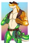 5_fingers anthro belt biped candy clothing cowboy_hat dessert fingers food gummy_(food) hat headgear headwear humanoid_hands male mostly_nude muscular muscular_male solo topwear translucent translucent_body vest 7theaven glitch_productions the_amazing_digital_circus gummigoo_(tadc) crocodilian food_creature reptile scalie colored hi_res