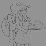 anthro apron bald big_tail blush breasts cleavage clothed clothing duo eyelashes facial_horn female hair head_spikes heart_symbol horn human_on_anthro interspecies jacket long_hair long_tail male male/female nose_horn open_mouth open_smile sink smile snout spiked_tail spikes spikes_(anatomy) sponge tail topwear arsenic_iii cavemanon_studios goodbye_volcano_high snoot_game anon_(snoot_game) rosa_(gvh) aquilops ceratopsian dinosaur human mammal ornithischian prehistoric_species reptile scalie 1:1 2025 black_and_white hi_res monochrome