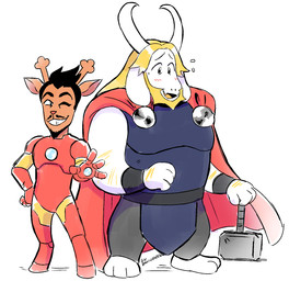 anthro armor black_hair blonde_hair brown_body brown_fur cape clothing cosplay crossover_cosplay duo fur hair hammer horn male simple_background tools white_background white_body white_fur drawloverlala deltarune marvel the_avengers undertale_(series) asgore_dreemurr iron_man rudolph_holiday thor_(marvel) bovid caprine deer goat mammal new_world_deer reindeer 2019 crossover hi_res