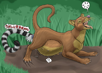 abdominal_bulge all_fours ass_up bent_over bodily_fluids brown_body brown_fur claws dripping duo eyes_closed female female_pred feral forced fur genital_fluids grass interrobang orgasm outside plant savanna simple_background solo_focus teats tongue tongue_out unbirthing vaginal vaginal_fluid_drip vaginal_fluids vore strega euplerid fossa lemur mammal primate ring-tailed_lemur strepsirrhine 2011 traditional_media_(artwork)