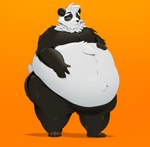 5_fingers 5_toes anthro belly big_belly black_body black_eyebrows black_fur black_inner_ear_fluff black_nose brown_eyes claws eyebrows feet fingers fur grey_claws inner_ear_fluff male multicolored_body multicolored_fur neck_tuft obese obese_anthro obese_male orange_background overweight overweight_anthro overweight_male simple_background smile solo tail toes tuft white_body white_fur vivvanne bear giant_panda mammal absurd_res hi_res shaded