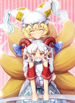 9_tails accessory blonde_hair blue_clothing blue_dress blush bovid_horn caprine_horn clenched_teeth clothed clothing dress duo ear_piercing ear_ring eyes_closed female furgonomics hair hat headgear headwear holding_object horizontal_pupils horn horn_accessory horn_ribbon hug hugging_another hugging_from_behind humanoid_pointy_ears multi_tail pattern_background piercing pointy_ears pupils red_horn ribbons ring_piercing sharp_teeth short_hair simple_background smile striped_background tail teeth white_clothing white_dress white_hair white_headwear chima_q touhou ran_yakumo yuuma_toutetsu animal_humanoid bovid bovid_humanoid canid canid_humanoid canine canine_humanoid caprine caprine_humanoid fox_humanoid humanoid mammal mammal_humanoid absurd_res alternate_version_at_source hi_res