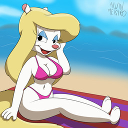 anthro beach beach_towel bikini biped blonde_hair breasts clothing cloud detailed_background eyelashes feet female fingers front_view fur hair half-closed_eyes humanoid_hands long_eyelashes long_hair looking_at_viewer medium_breasts narrowed_eyes navel outside pink_bikini pink_clothing pink_swimwear sand shadow sitting sky small_waist solo swimwear tail text three-quarter_view toes towel two-piece_swimsuit water white_body white_fur alwinmeistro animaniacs warner_brothers minerva_mink mammal mink mustelid musteline true_musteline 1:1 absurd_res artist_name colored full-length_portrait hi_res portrait shaded