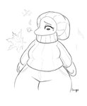 anthro beanie bottomwear breasts breath clothing detailed_background female handwear hat headgear headwear leaf mittens pants scarf slightly_chubby slightly_chubby_anthro slightly_chubby_female snout solo sweater thick_thighs topwear wide_hips winter_clothing orange_bongo cavemanon_studios snoot_game erin_(snoot_game) dinosaur prehistoric_species reptile scalie monochrome sketch