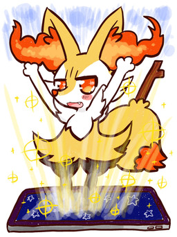 3_fingers ambiguous_anthro ambiguous_gender anthro arm_tuft biped black_body black_fur blush blush_lines blush_stickers cheek_tuft chest_tuft cute_fangs digitigrade dipstick_tail facial_tuft fangs fingers front_view fur hip_tuft inner_ear_fluff looking_at_viewer markings multicolored_body multicolored_fur no_pupils nude_ambiguous nude_anthro object_in_tail open_:3 open_mouth open_smile orange_body orange_eyes orange_fur orange_inner_ear_fluff orange_tail_tip pointy_ears prick_ears raised_arms shoulder_tuft simple_background smile solo sparkles stick stick_in_tail tablet_computer tail tail_markings tapering_snout teeth tongue tuft two_tone_tail white_body white_fur yellow_body yellow_fur yellow_tail annyui0611 nintendo pokemon braixen canid generation_6_pokemon mammal pokemon_(species) 2021 absurd_res digital_drawing_(artwork) digital_media_(artwork) full-length_portrait hi_res japanese_description portrait translated_description