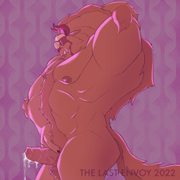 anthro arm_over_head blue_eyes bodily_fluids fangs foreskin genital_fluids genitals horn leaking_precum male muscular muscular_male penis precum solo teeth underbite the_last_envoy beauty_and_the_beast disney beast_(disney) monster 1:1 hi_res
