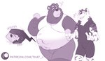 anthro belly bodily_fluids clothing dessert dialogue entrapment food fupa group hidden ice_cream inside_clothing inside_shirt laugh male micro moobs moonbear muffling navel oblivious overweight overweight_male slightly_chubby smothering squish stripes sweat text trio that_j bear felid mammal pantherine tiger hi_res url