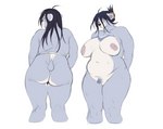 anthro areola biped black_hair blush blush_lines breasts butt countershade_fur countershade_torso countershading curvy_figure eyewear female fur genitals glasses hair nipples pubes pussy simple_background solo tail thick_thighs voluptuous white_background wide_hips plna bear mammal hi_res