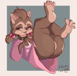 4_toes anthro blue_eyes bottomless brown_body brown_fur butt clothed clothing collar feet female fur loli looking_at_viewer solo spiked_collar spikes toes young young_anthro young_female conditional_dnp tohupo hotel_transylvania winnie_werewolf_(hotel_transylvania) canid canine mammal 2023 dated digital_media_(artwork) hi_res signature