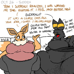 anthro belly big_belly big_breasts big_butt black_body blue_eyes bottomwear breasts brown_body brown_eyes brown_fur butt clothed clothing dialogue duo female fur huge_belly huge_breasts huge_butt huge_thighs hyper hyper_belly hyper_butt markings midriff morbidly_obese morbidly_obese_anthro morbidly_obese_female multicolored_body obese obese_anthro obese_female overweight overweight_anthro overweight_female purple_eyes red_sclera shorts simple_background smile stretch_marks text thick_thighs topwear weight_gain weight_gain_sequence yellow_body zandyzolo nintendo pokemon vi_(zandyzolo) eevee eeveelution generation_1_pokemon generation_2_pokemon pokemon_(species) umbreon 1:1 english_text hi_res