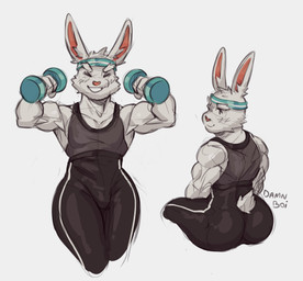 accessory anthro athletic athletic_anthro athletic_male biceps big_butt bottomwear bulge butt clothing dumbbell exercise eyebrows eyes_closed facial_tuft flexing fur head_tuft headband holding_dumbbell holding_object humanoid_hands inner_ear_fluff long_ears male muscular muscular_male pants pecs pink_nose rear_view shirt short_tail simple_background sitting smile solo sweatpants tail tank_top thick_thighs topwear tuft weights white_background white_body white_fur wide_hips soloemi3 lagomorph leporid mammal rabbit absurd_res hi_res sketch