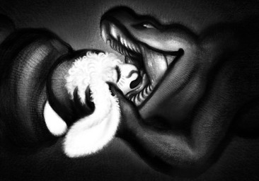 anthro apode coiling eyes_closed female female/female floppy_ears imminent_vore legless oral_vore serpentine teeth tongue vore ink-the-artist bovid caprine draconcopode mammal naga sheep 2025 hi_res