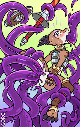 4_fingers 4_toes alternate_species anal anal_penetration anthro armor armwear backsack balls bodily_fluids claws clothing coiling colored_nails digit_ring double_anal double_penetration eyelashes eyeshadow feet femboy fingerless_(marking) fingers forced forced_oral genitals gloves handwear horn jewelry lance legwear looking_at_viewer looking_back makeup male male_penetrated melee_weapon multiple_insertions nails oral penetration polearm purple_eyes purple_nails rape ring sex shield solo tail tail_grab tears tentacle_rape tentacle_sex tentacles thigh_highs toe_claws toe_ring toes triple_anal triple_penetration weapon sorc geo_(pechallai) kobold reptile scalie