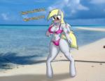 anthro anthrofied backwards beach bikini biped blonde_hair blush breasts cleavage clothed clothing cloud cutie_mark derp_eyes detailed_background dialogue feathered_wings feathers female grey_body grey_feathers hair navel outside sand sea seaside sky solo standing swimwear text two-piece_swimsuit water wings yellow_eyes jrvanesbroek friendship_is_magic hasbro my_little_pony mythology derpy_hooves_(mlp) equid equine mammal mythological_creature mythological_equine pegasus 2013 digital_media_(artwork) english_text