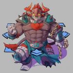 abs angry anthro armor body_hair chain chest_hair clothed clothing ear_piercing hair holding_chain horn male muscular muscular_anthro muscular_male nipples piercing red_hair scar sharp_teeth simple_background solo teeth topless yellow_eyes lan_rizardon european_mythology greek_mythology mythology summons_board bovid bovine mammal minotaur 1:1