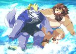 anthro barazoku belly brown_body brown_fur clothing duo fur kemono male moobs nipples overweight overweight_male shirt surfboard surfing swimwear topwear vehicle water watercraft ayame42612 lifewonders tokyo_afterschool_summoners fenrir_(tas) canid canine canis felid lion mammal pantherine wolf 2020 hi_res