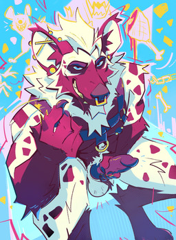 abs animal_genitalia anthro arm_tuft athletic ball_tuft balls barbell_piercing beckoning bedroom_eyes blue_eyes body_hair chest_hair claws cyan_background ear_piercing elbow_tuft erection eyebrows facial_piercing facial_tuft fangs finger_claws fingers fluffy fur genitals gesture gold_(metal) grin hair hand_gesture harness harness_only high-angle_view holding_penis industrial_piercing inner_ear_fluff inviting inviting_to_sex jewelry knot leather leather_harness lgbt_pride looking_at_viewer magenta_body male male_anthro mane markings muscular muscular_anthro muscular_male narrowed_eyes neck_tuft nipple_piercing nipples nose_piercing nose_ring nude_anthro nude_male pansexual_pride_colors pecs penis piercing presenting presenting_penis pride_colors pubes ring_piercing seductive septum_piercing sheath simple_background sitting smile smiling_at_viewer smirk smug smug_expression smug_face smug_grin solo spots spotted_body spotted_fur teeth tuft white_balls white_body white_fur heromule zima hyena mammal spotted_hyena digital_media_(artwork) hi_res