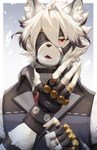 anthro clothing fingerless_gloves fur gloves hair handwear harness leather leather_harness male red_eyes shirt solo tail topwear vest white_body white_fur white_hair kemokemono mihoyo zenless_zone_zero von_lycaon canid canine canis mammal wolf hi_res