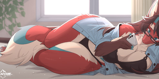 anthro bed big_breasts black_clothing black_lingerie blue_body blue_fur blue_horn breasts cellphone cleavage clothed clothed_anthro clothed_female clothing detailed_background electronics eyelashes eyewear female female_anthro fur furniture glasses hair holding_cellphone holding_object holding_phone holding_smartphone horn huge_breasts inner_ear_fluff lingerie long_hair lying lying_on_bed multicolored_body multicolored_eyes multicolored_fur on_bed on_side phone rectangular_glasses red_body red_fur smartphone solo tan_body tan_fur thick_thighs tuft wearing_glasses wide_hips auveiss mythology vyse_renata canid canine dragon fox furred_dragon furred_scalie hybrid mammal mythological_creature mythological_scalie scalie 2025 hi_res