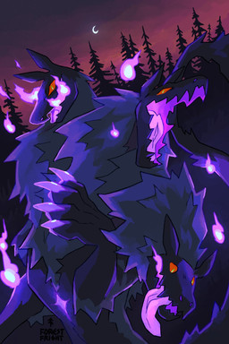 3_heads ambiguous_gender anthro claws colored_fire crescent_moon elemental_manipulation evergreen_tree fire fire_manipulation fur long_tail looking_at_viewer magic magic_user moon multi_head open_mouth pine_tree plant pointy_ears prick_ears pupils purple_body purple_claws purple_fire purple_fur purple_mouth red_sclera sharp_teeth silhouette silhouette_background silhouette_tree slit_pupils snout solo sunset tail teeth tongue tongue_out tree forestfright european_mythology greek_mythology mythology canid canid_demon canine cerberus demon hellhound mammal mythological_canine mythological_creature 2023 2:3 hi_res