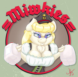 anthro baby_talk big_breasts black_clothing black_hat black_headwear blonde_hair blue_eyes bottle breasts cleavage closed_smile clothed clothed_anthro clothed_female clothing container eyelashes eyewear female female_anthro fur glasses hair hat headgear headwear holding_bottle holding_container holding_object light milk_container monotone_body monotone_fur mouth_closed nazi purple_eyelids purple_eyewear purple_sunglasses smile solo sunglasses swastika text tinted_glasses wearing_glasses white_body white_fur wetfluff fluffy_pony fluffy_pony_(species) mammal digital_media_(artwork) english_text lighting shaded signature