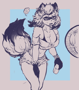 alternate_costume anthro beverage beverage_can big_breasts biped blue_background bottomwear bra bra_peek bra_strap bracelet brazilian brazilian_flag breasts can cleavage clothed clothing container crop_top dipstick_tail electric_fan facial_markings female fluffy fluffy_hair fluffy_tail fur gloves_(marking) hair half-closed_eyes hand_on_leg hand_on_own_leg hand_on_own_thigh hand_on_thigh head_markings heat_(temperature) holding_beverage holding_can holding_container holding_object hotpants jewelry leaning leaning_forward markings mask_(marking) midriff narrowed_eyes navel one_eye_closed open_mouth pearl_bracelet shirt shorts simple_background solo standing tail tail_markings topwear underwear wide_hips fohl_s brand_new_animal brazilian_miku studio_trigger michiru_kagemori canid canine mammal raccoon_dog tanuki 2025 digital_drawing_(artwork) digital_media_(artwork) hi_res monochrome sketch
