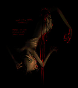 :d amputee animal_feet black_background black_eyes blood blood_on_leg bodily_fluids disability gore horror_(expression) horror_(theme) looking_at_viewer male male_humanoid missing_leg missing_limb open_mouth open_smile red_text ribs simple_background skinny_humanoid skinny_male smile solo text jejejunum humanoid 2026 dark_theme digital_media_(artwork) english_description english_text hi_res