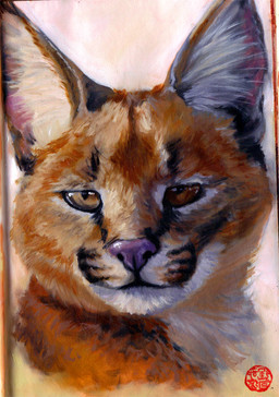 anthro brown_body brown_fur fur looking_at_viewer male male_anthro orange_body orange_eyes orange_fur purple_nose simple_background smile solo stamp white_background white_body white_fur green_roon green_roon_(character) caracal caracal_(genus) felid feline mammal 2020 oil_painting_(artwork) painting_(artwork) portrait traditional_media_(artwork) traditional_painting_(artwork)