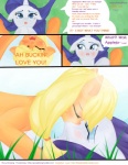 2012 applejack_(mlp) blonde_hair blue_eyes blush comic cutie_mark dialogue duo earth_pony english_text equid equine eyes_closed female female/female feral friendship_is_magic hair hasbro hi_res horn horse kiss_on_lips kissing lying mammal my_little_pony mythological_creature mythological_equine mythology on_back outside pony ponylicking rarity_(mlp) text unicorn url