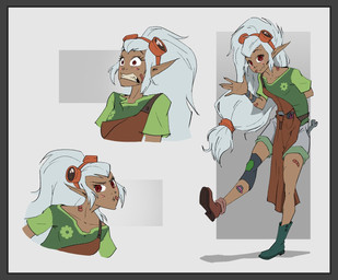 apron arm_wraps bandage bandage_on_face bandage_on_leg bandage_on_shoulder blush boots bottomwear brown_body brown_skin cat_smile clenched_teeth clothing compression_sleeve constricted_pupils eyewear eyewear_on_head fangs female footwear goggles goggles_on_head hair hand_behind_back humanoid_pointy_ears long_hair looking_at_viewer pointy_ears pouting pupils red_eyes shirt shoes shorts simple_background small_pupils solo teeth tied_hair tools topwear white_hair wraps wrench ruffu unnamed_character elf humanoid digital_drawing_(artwork) digital_media_(artwork) model_sheet