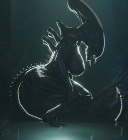 anthro big_breasts big_butt black_body black_exoskeleton bodily_fluids breasts butt claws dorsal_tubes drooling exoskeleton female long_tail nipples partially_submerged saliva sharp_teeth side_view solo tail teeth thick_thighs vensaku alien_(franchise) alien xenomorph 3d_(artwork) digital_media_(artwork) hi_res