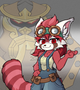 anthro armor backpack clothing eyewear eyewear_on_head female fur goggles goggles_on_head hair machine mecha overalls overalls_only power_armor red_body red_eyes red_fur red_hair solo tail lariohh gunfire_reborn iron_wing_(gunfire_reborn) nona_(gunfire_reborn) ailurid avian bird chicken galliform mammal phasianid red_panda absurd_res hi_res