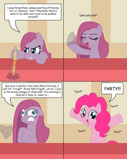 beverage chemicals dialogue female feral food happy looking_at_viewer science solo text unknown_artist friendship_is_magic hasbro my_little_pony pinkamena_(mlp) pinkie_pie_(mlp) earth_pony equid equine horse mammal pony 4:5 comic english_text hi_res