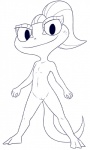 anthro biped female flat_chested genitals nude open_mouth pussy simple_background smile solo standing rawrunes dreamworks lizzie_green_(dreamworks) lizard reptile scalie 3:5 blue_and_white monochrome