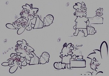 >_< >w< after_sex ambiguous_gender anthro big_tail blush bodily_fluids cooking ellipsis eyes_closed food from_front_position genitals hand_on_face male orgasm penis piercing soup speech_bubble sweat sweatdrop tail tongue tongue_out under_covers_sex hornigabl carmel_(carmellemonnsfw) gab_(hornigabl) hybrid 2024 comic digital_drawing_(artwork) digital_media_(artwork) hi_res