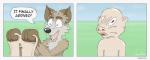 anthro black_nose border clothed clothing countershading dialogue green_eyes human_suit humor male open_mouth outside reverse_furry role_reversal simple_background skinsuit speech_bubble teeth text tight_clothing tongue topless what white_border yelling mrfarrow canid canine canis coyote mammal cel_shading comic english_text shaded signature