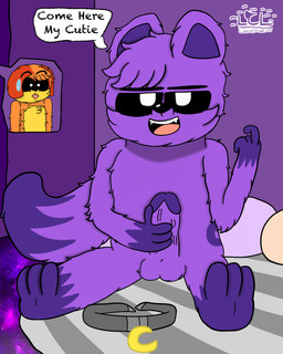 anthro balls bed black_nose collar duo furniture genitals holding_penis male male/male moon nude penis pillow tongue tongue_out lapiscrowlime mob_entertainment poppy_playtime smiling_critters catnap_(poppy_playtime) dogday_(poppy_playtime) canid canine canis domestic_cat domestic_dog felid feline felis mammal 4:5 hi_res