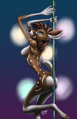 5_fingers anthro breasts brown_hair butt dancing female fingers green_eyes hair hooves inside lights looking_at_viewer nipples nude pole pole_dancing short_tail smile solo stripper tail captaintitanic alchemy_(character) cervine deer mammal 2018 digital_media_(artwork) hi_res