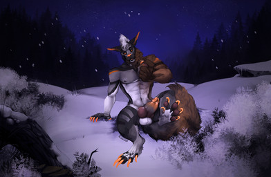 abs anthro athletic athletic_anthro athletic_male black_body black_fur brown_body brown_fur erection fur genitals gradient_penis grey_body grey_fur grey_penis hair knot knotted_penis male male_anthro mid_transformation muscular muscular_anthro muscular_male night nipples nude nude_anthro nude_male orange_body orange_eyes orange_fur orange_penis outside pecs penis pink_penis plant sitting snow snowing solo spread_legs spreading tail teeth transformation tree white_body white_fur white_hair i-psilone mythology scotty_(milopatix) canid canine canis mammal mythological_canine mythological_creature werecanid werecanine werecreature werewolf wolf 2020