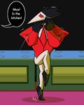 anthro black_body bottomwear bound clothing detailed_background dialogue floor kitchen male pants red_eyes scared shadow solo speech_bubble suit white_bottomwear white_clothing white_pants mrdu3 ratwork deltarune undertale_(series) avian bird darkner swatchling 4:5 absurd_res alternate_version_at_source flat_colors hi_res