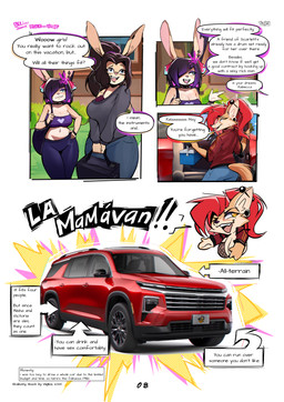 anthro big_breasts breasts car casual_clothing clothing dialogue eyewear female glasses humor jacket long_ears mature_female text topwear vehicle wide_hips viejillox chevrolet skabunny_shock luna_may scarlett_demends skabunny canid canine fennec_fox fox mammal true_fox absurd_res comic english_text hi_res