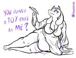 anthro belly big_belly big_breasts breasts cleavage clothed clothing digestion female female_pred knife leaning overweight overweight_anthro overweight_female purple_eyes rumbling_stomach solo text vore weapon sassylebraix undertale undertale_(series) toriel boss_monster_(undertale) bovid caprine goat mammal digital_media_(artwork) english_text hi_res line_art